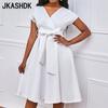 JKASHDK Женская мода на лето и весну, однотонное платье с коротким рукавом и v-образным вырезом с высокой талией, коктейльные и вечерние платья