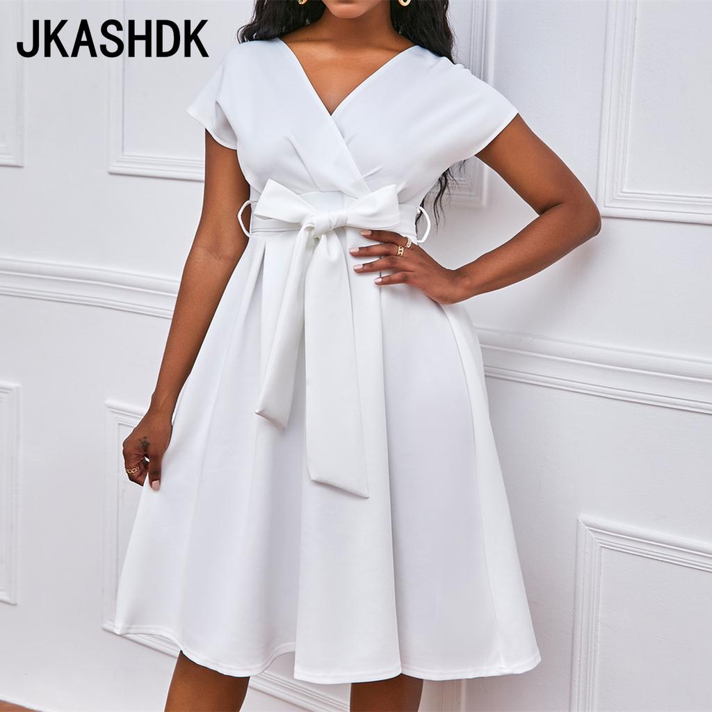 JKASHDK Женская мода на лето и весну, однотонное платье с коротким рукавом и v-образным вырезом с высокой талией, коктейльные и вечерние платья