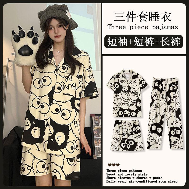 Mikko summer three-piece pajamas women's pure cotton short-sleeved trousers ins Japanese summer spring and autumn loungewear set