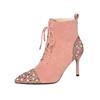 Autumn New Thin Heel Single Boots Women's Rhinestone Pointed Head Suede Front Lace-up Temperament High Heel Short Boots