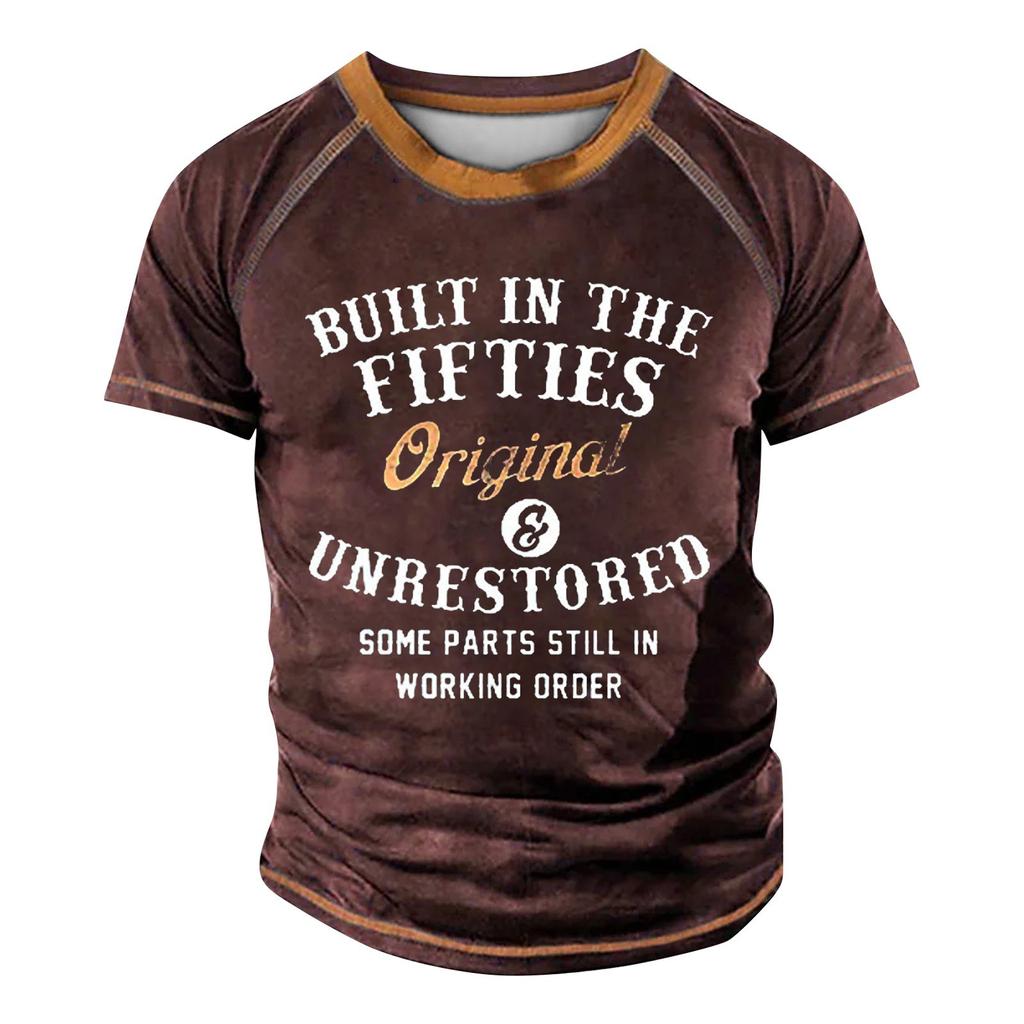 Мужская футболка реглан в стиле ретро с коротким рукавом и круглым вырезом с буквенным принтом, топы