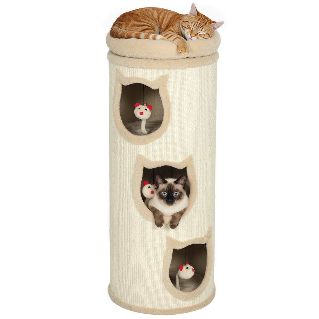 Cat scratching barrel, 96 cm, 4-level cat tower with washable bed, 3 sleeping caves, hanging toys, for multiple cats, grey
