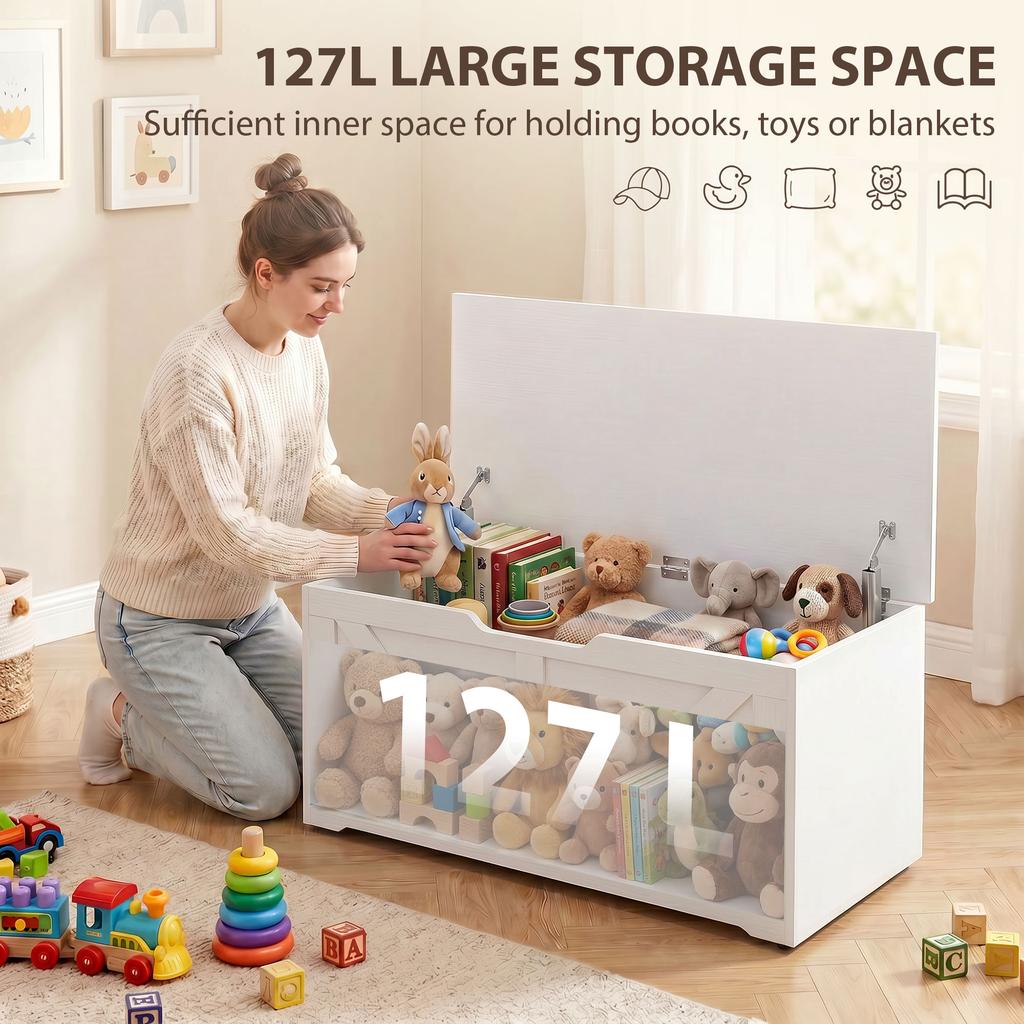 127L Home Storage Box, with Safety Hinges - White Wood-Effect
