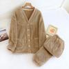 Ladies' Casual And Comfortable V-neck Warm And Plush Home Clothes Cardigan Sleepwear And Pants Set