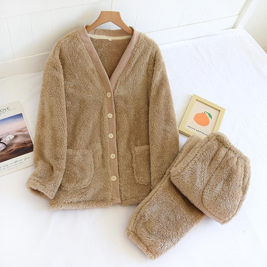 Ladies' Casual And Comfortable V-neck Warm And Plush Home Clothes Cardigan Sleepwear And Pants Set