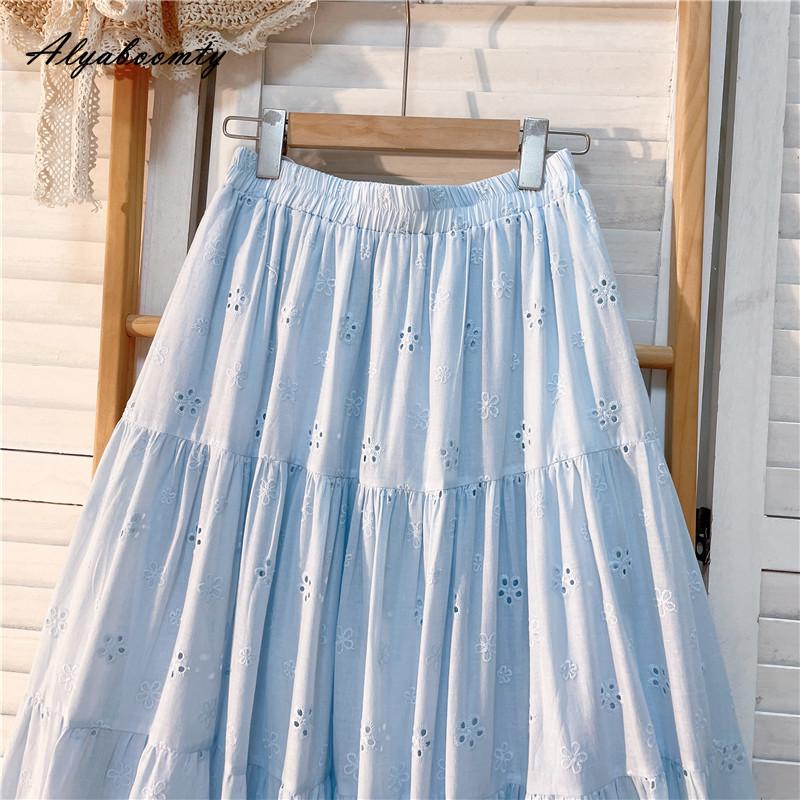 Весна-лето Женская милая юбка А-силуэта с высокой талией, светло-голубая юбка с вырезом, базовые женские хлопковые элегантные женственные юбки