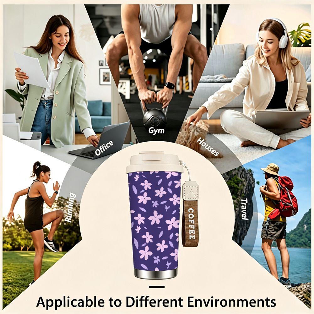 Cute Purple Floral Print Stainless Steel Insulated Coffee Tumbler Vacuum Travel Mug Reusable Cup for Office School Gift Idea