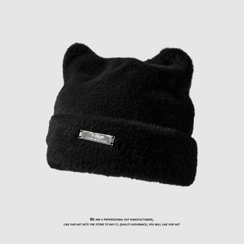 Plush hat female cute bear ears thickened warm ear protection wool hat big head circumference versatile bag head knitted hat