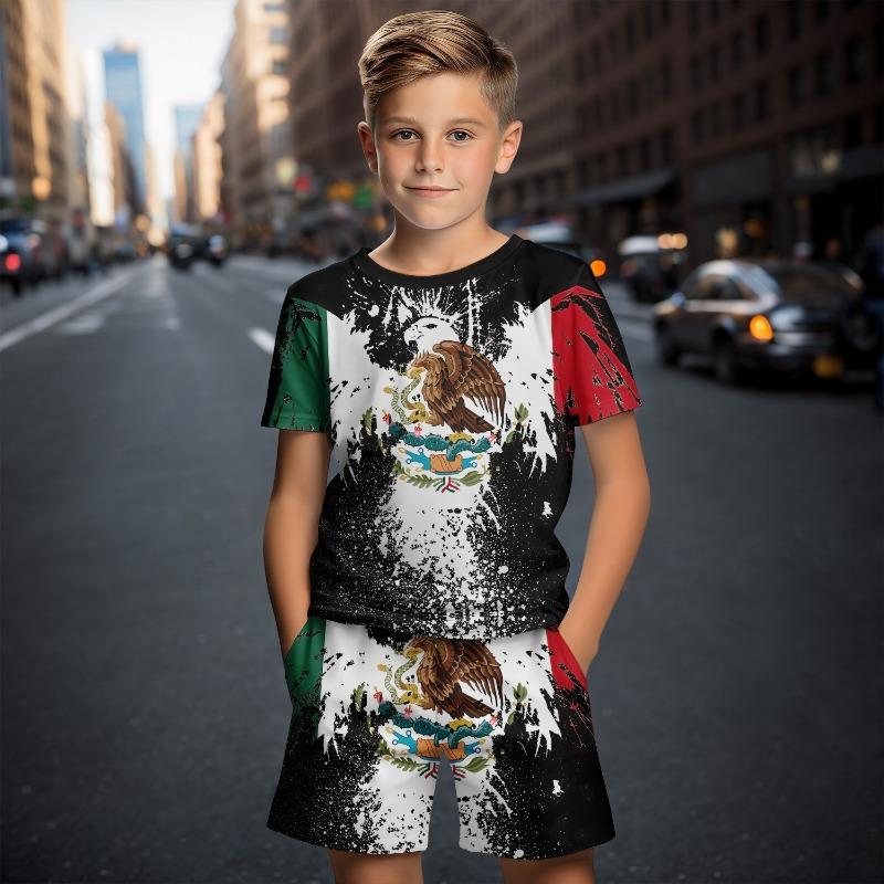 Футболки с 3D-принтом и рисунком мексиканского петуха, комплект из 2 предметов, детская футболка, короткие штаны, костюм для детей 4-14 лет, модные комплекты с коротким рукавом