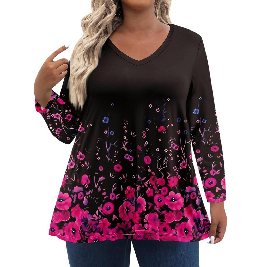 Женские топы больших размеров с длинным рукавом и принтом, рубашки с V-образным вырезом, повседневная одежда, топы