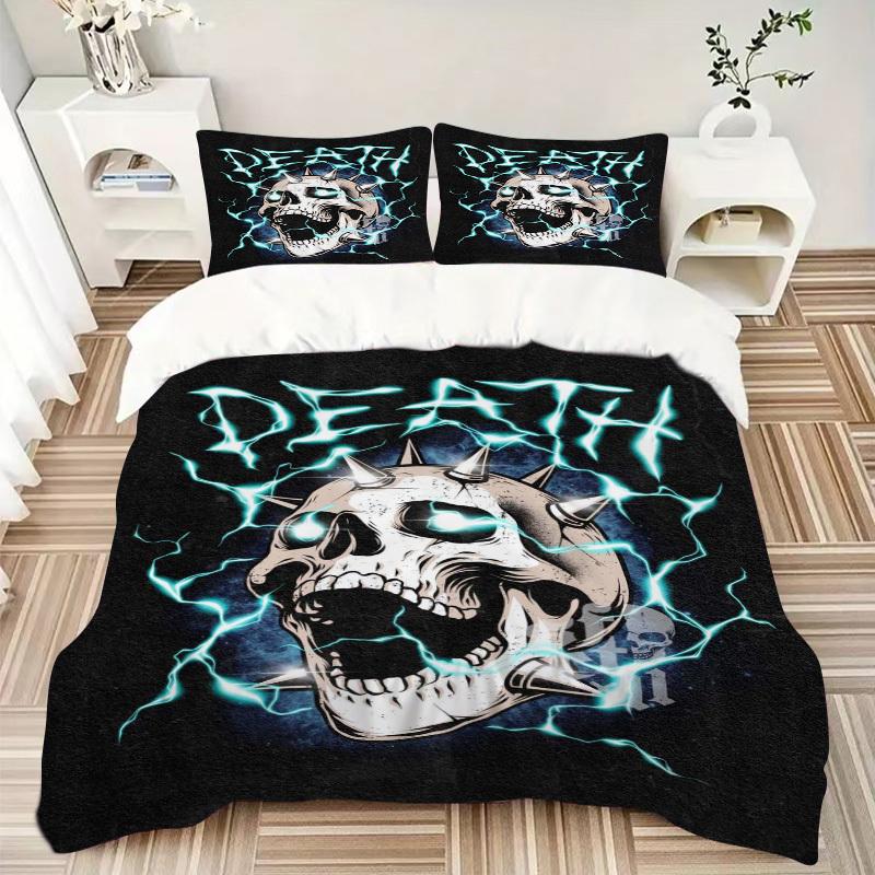 3 шт. Череп в стиле Death Metal с Электрическими Молниями - Аниме Мультяшный Дизайн Комплект Постельного Белья, Включает Один Пододеяльник и Две Наволочки (Нет ядра), P