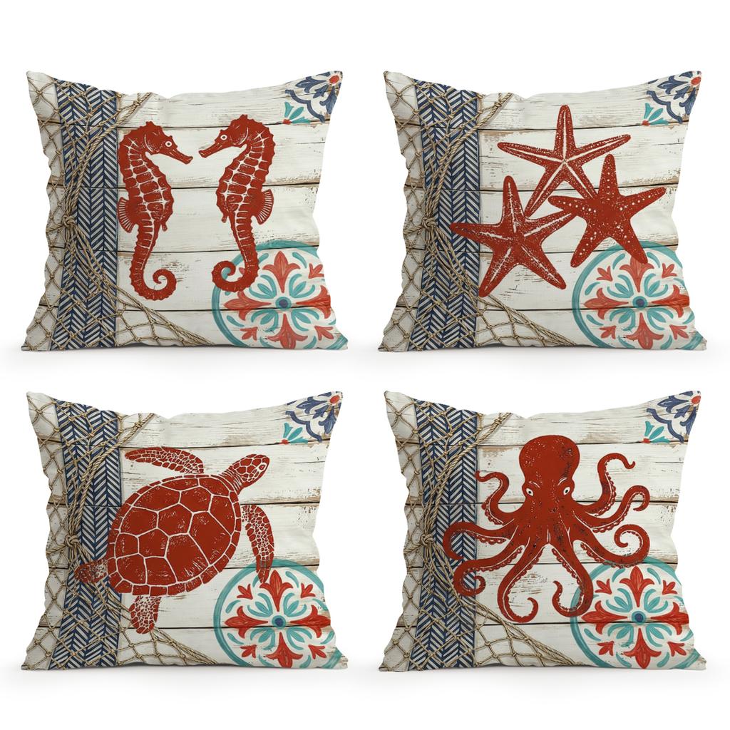 4 Pcs Wood Grain Red Marine Creatures Single-Sided Printed Pillowcase For Home Bedroom Living Room Car Decor