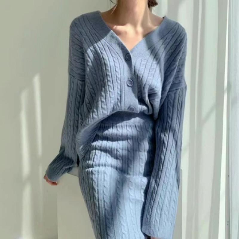 Womens Chic V-Neck Cable Knit Cardigan High-Waisted Pencil Skirt Set Winter Outfit