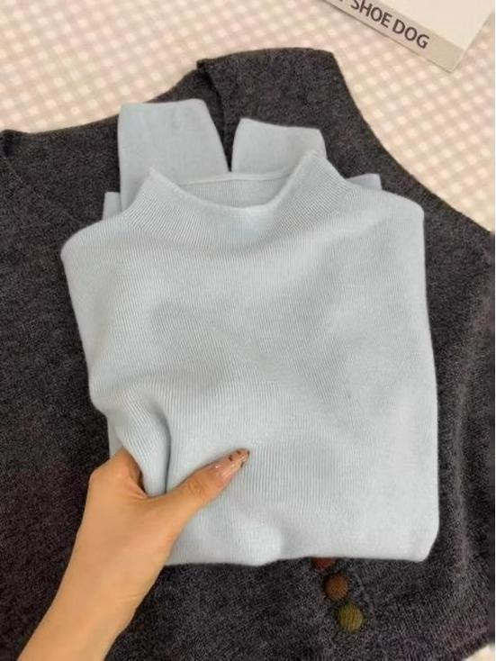 Gray Half-High Neck Slimming Knit Sweater - Women's Versatile Autumn/Winter Slim-Fit Top