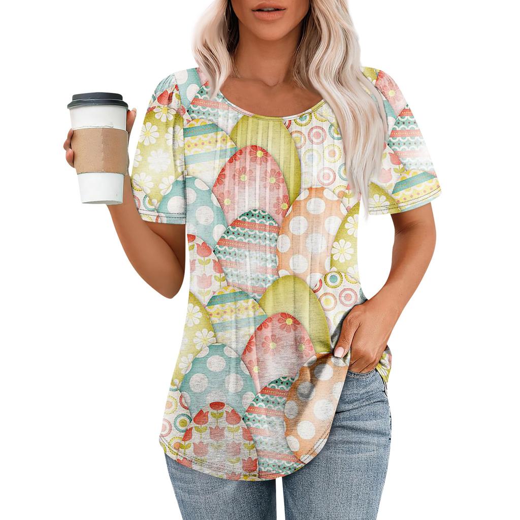 Ladies' Easter Printed Casual Pleated Round Short Sleeved T-shirt Top