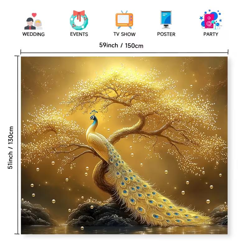 2D Elegant Gold Peacock Tapestry, Golden Bonsai Tree with Sparkling Bubbles Backdrop Cloth for Room Decor