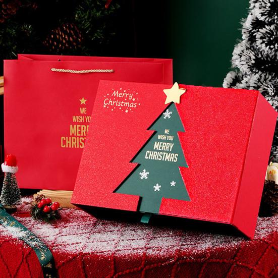 Christmas Gift Box Xmas Eve Red Gift Box with Tree Pattern Presents Wrapping Container for Holiday Decoration