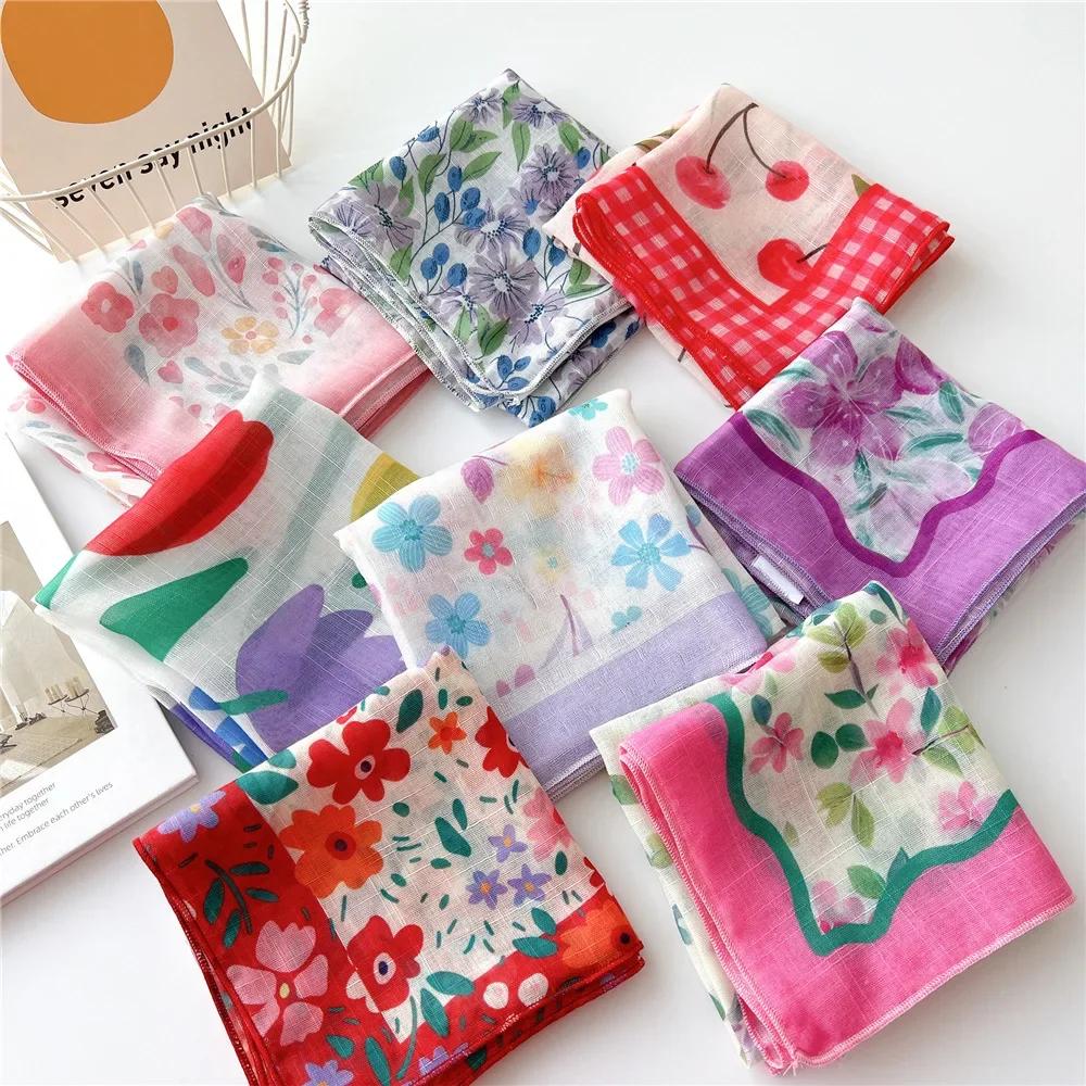 Fashion Scarf Bandana Cotton Head For Women Small Hijab Floral Print Handkerchief Hair Scarfs 55cm Square Headbands Neck Scarves