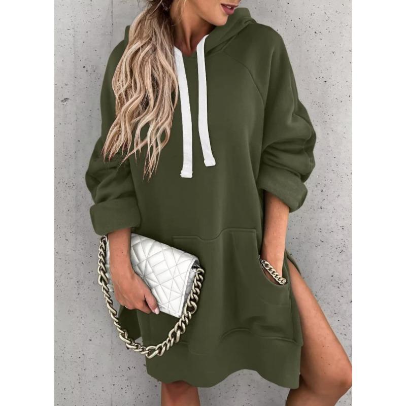 New European American Autumn and Winter Style Women's Solid Color Casual Versatile Hooded Slit Top Mid-length Plush Sweatshirt