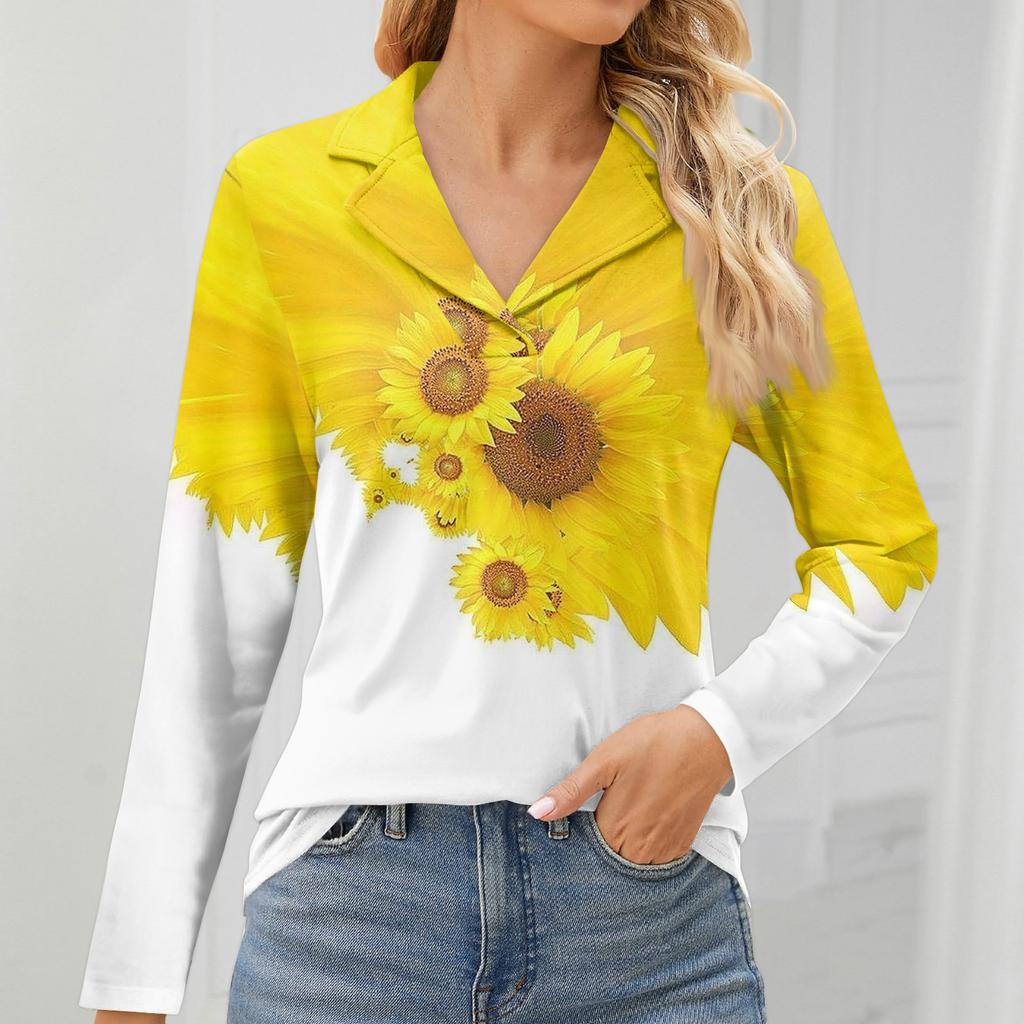Женская мода для отдыха с длинным рукавом и V-образным вырезом с цветочным принтом