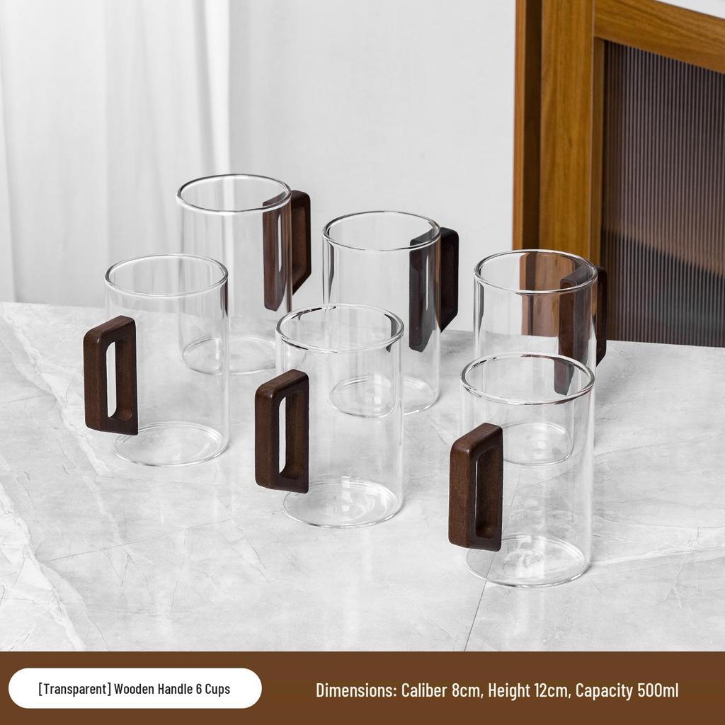 High-Temperature Resistant Tea Cup Set: Thickened Borosilicate Glass with Wooden Pistol Grip Handle