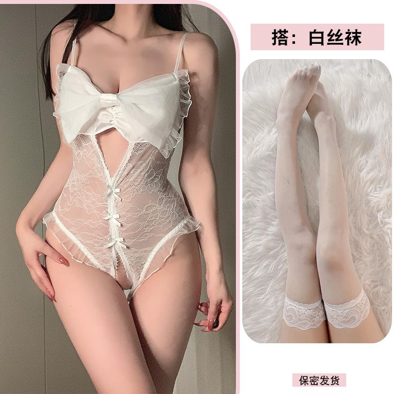 Sexy perspective French erotic lingerie women's bow lace perspective seduction pure desire onesie set
