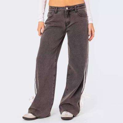 Женские джинсы с лампасами и бантом, джинсы бойфренда с низкой посадкой, мешковатые джинсовые брюки, повседневные прямые джинсы широкого кроя