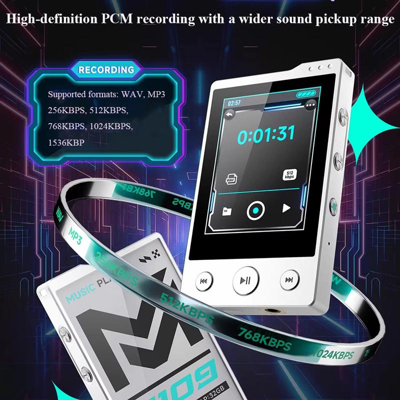 Портативный аудиоплеер MP3 Walkman с Bluetooth 5.3, встроенной памятью 32 ГБ, 2,4-дюймовым сенсорным экраном и функцией записи