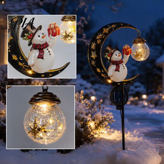 Energy Efficient Solar Yard Ornaments Snowman Garden Stake Light, Powered Crescent Moon Lamp, Decorative Christmas Porch Stakes Warm Glow