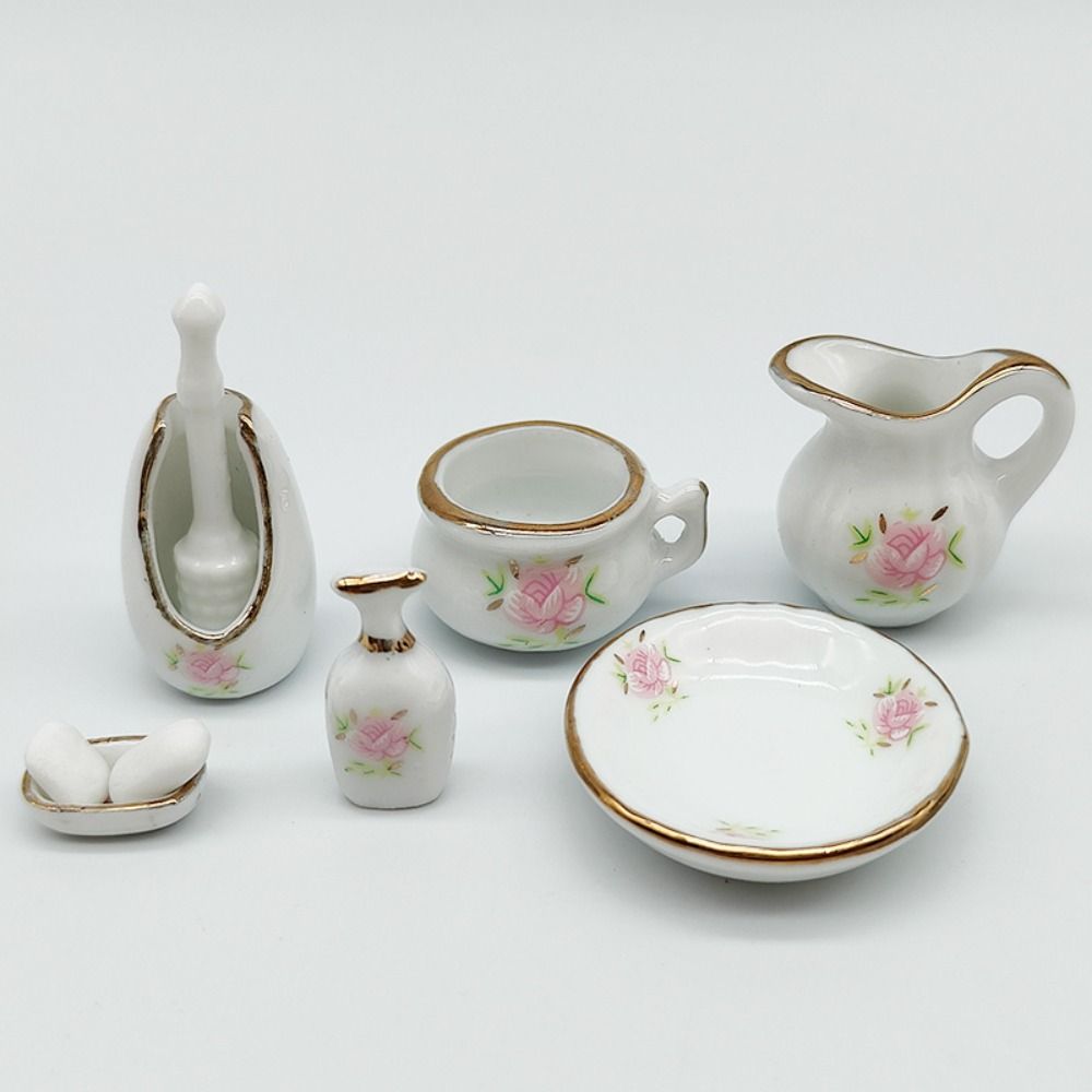 1/12 Scale Ceramic Dollhouse Furniture Rose Floral Miniature Furniture Porcelain  Home Decor