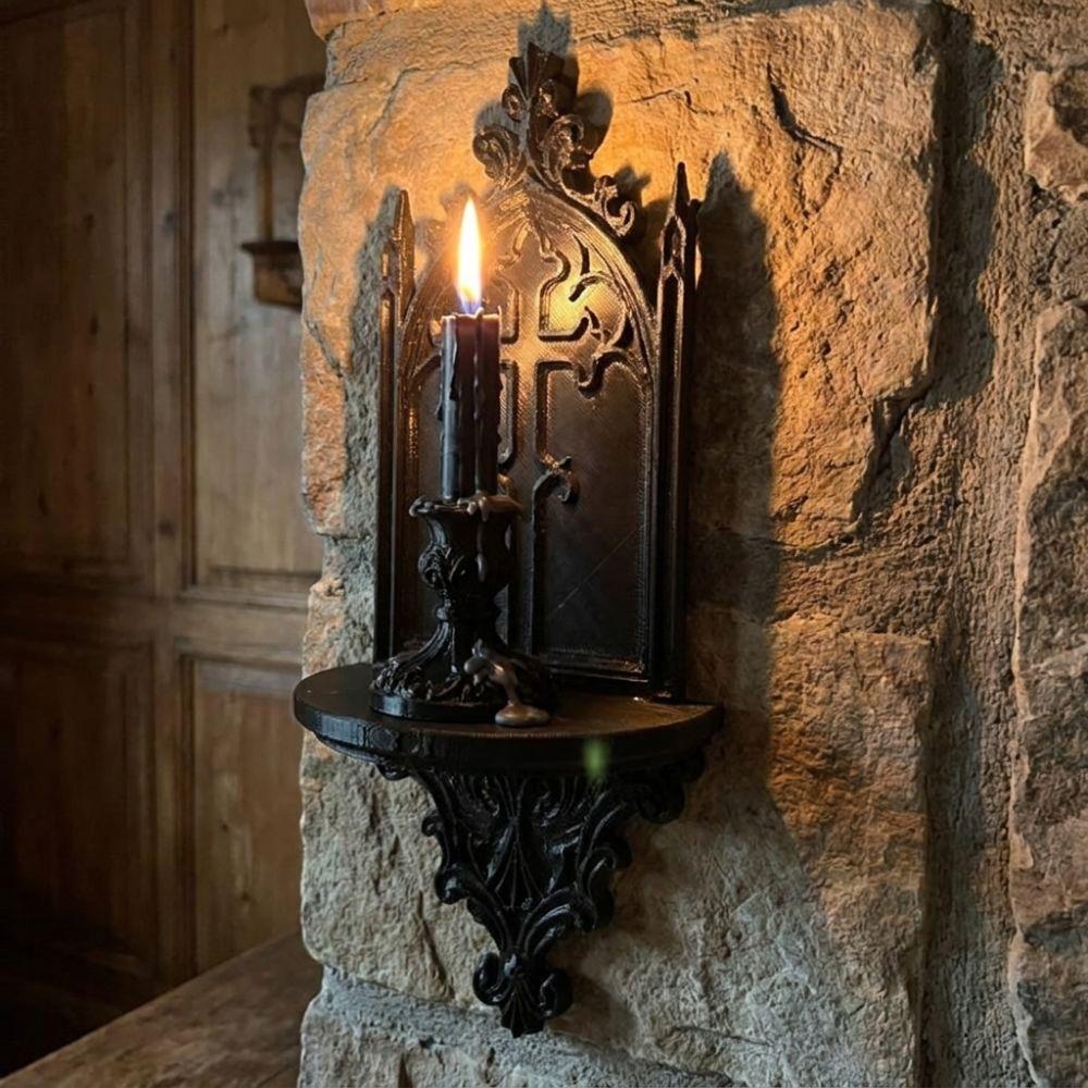 Vintage Carved Wall Mounted Candlestick Dark Style Floating Rack Gothic Wall Shelf Home Decor