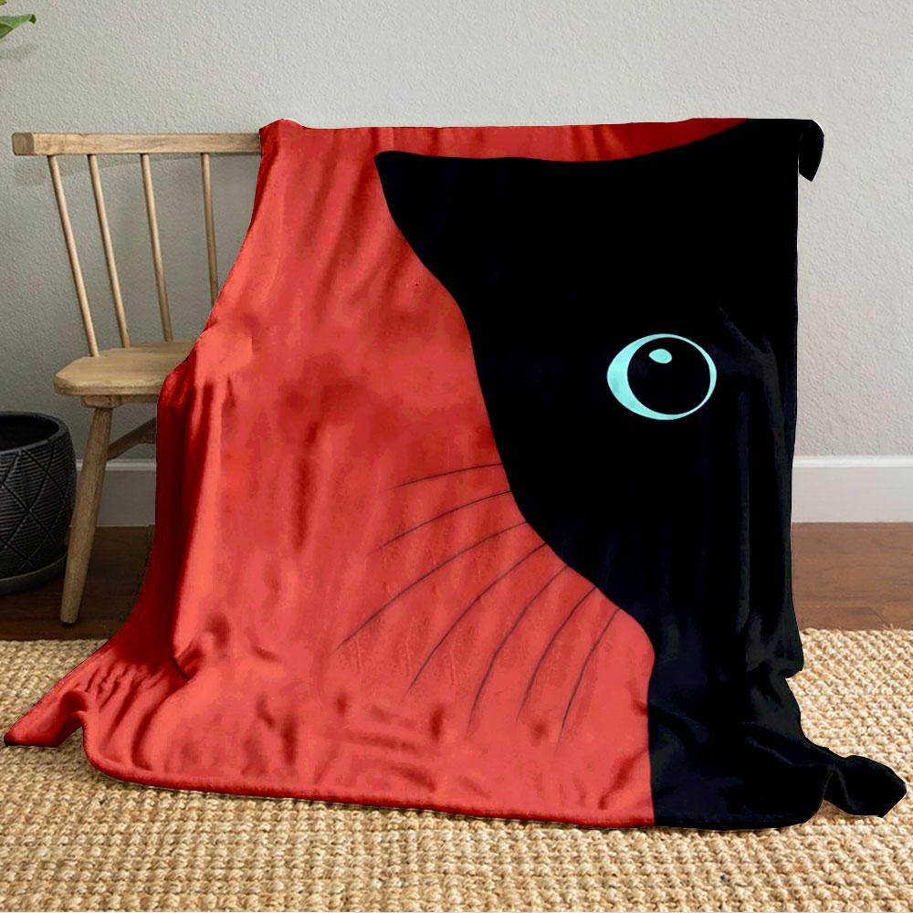 Black cat silhouette with teal eye and whiskers on a red background. for all seasons blanket lunch break throw gift
