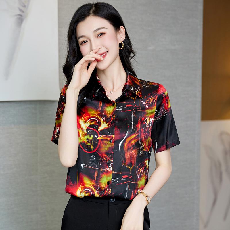 Лето 2025 года Топ из шелка Mulberry: Платье с короткими рукавами Ханчжоу для женщин среднего возраста, принтованный дизайн, большой размер