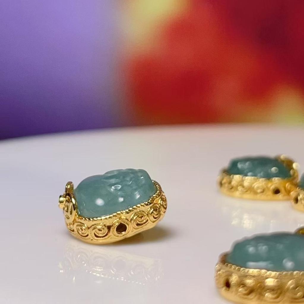 5Pcs, Natural Stone Bluewater Jadeite Pendant with Golden-Edged Accents, Fashion Pi Xiu Charms for Men Women, for DIY Necklace, Jewelry Making 12x12mm