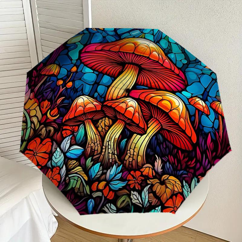 Stained Mushroom Garden Automatic Opening Folding Umbrella - Portable 3-Fold Design with Iron Frame, Perfect for Outdoor Use, Festive Gifts,