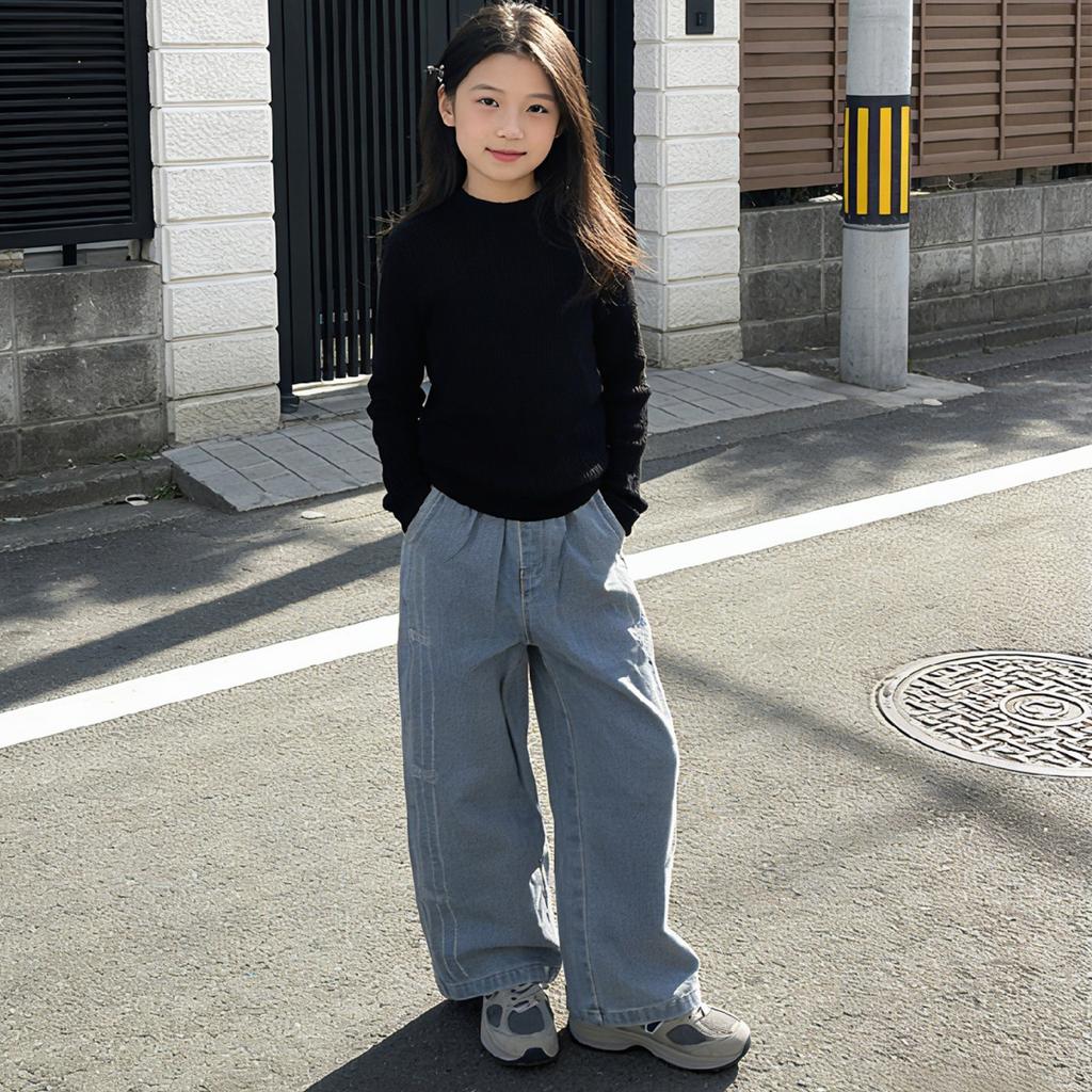 Girls' blue fashionable wide leg jeans