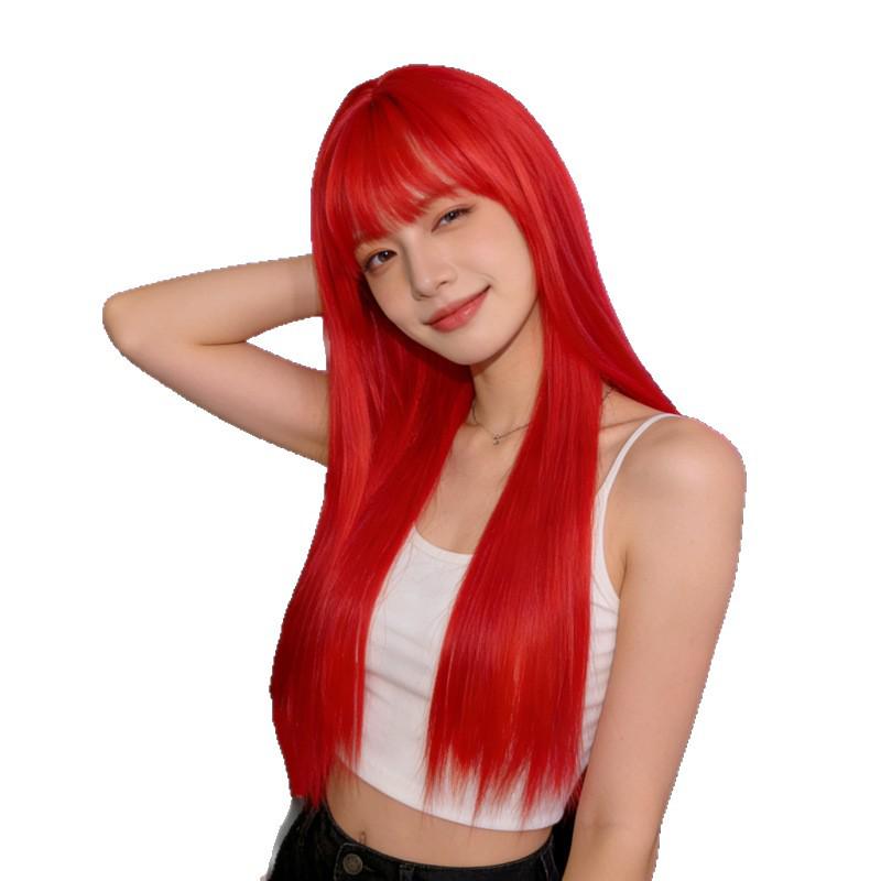 Waist-Length Straight Red Cartoon Bangs Wig for Women