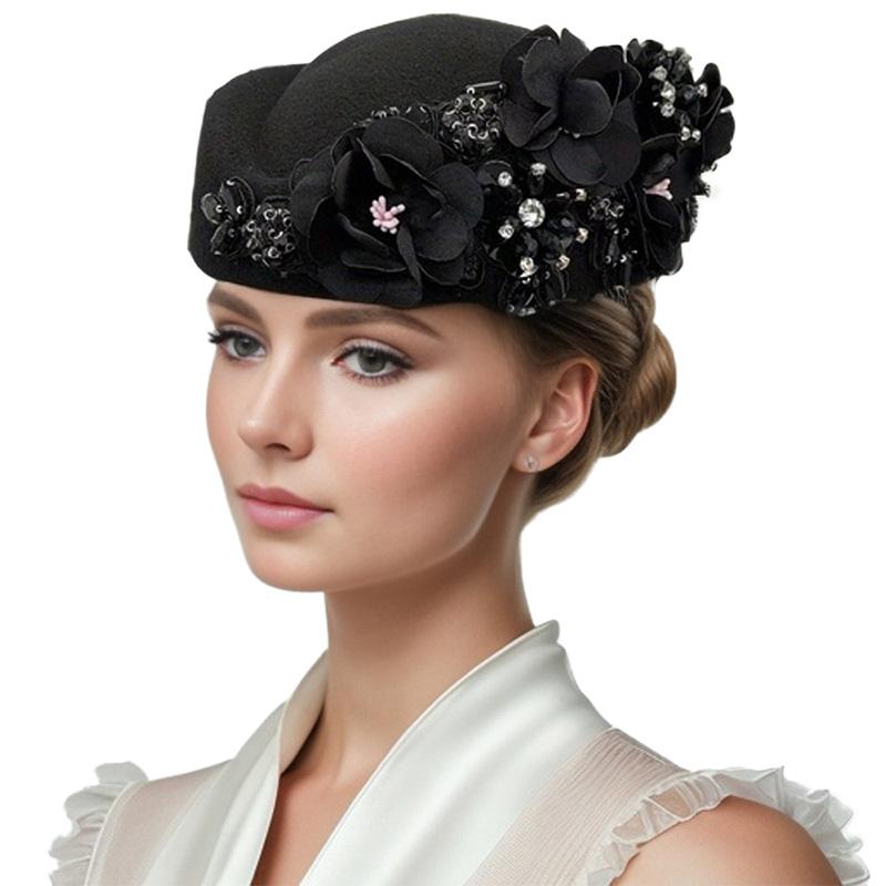 1PC Felt Vintage Beret Caps With Flower Stewardess Hat Airline Turban Hat Party Beanie Cap Soft Church Women