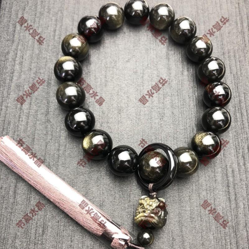 Natural Gold Obsidian Lion Dance Handheld Ring Tassel Bead Bracelet Men Women
