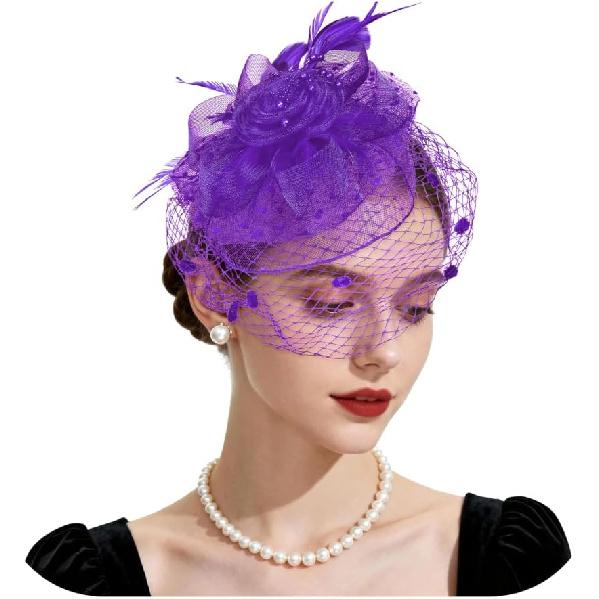 Шляпки-fascinator для женщин Шляпа для чаепития Цветочная сетка Перья Повязка на голову Винтажный коктейльный головной убор с вуалью