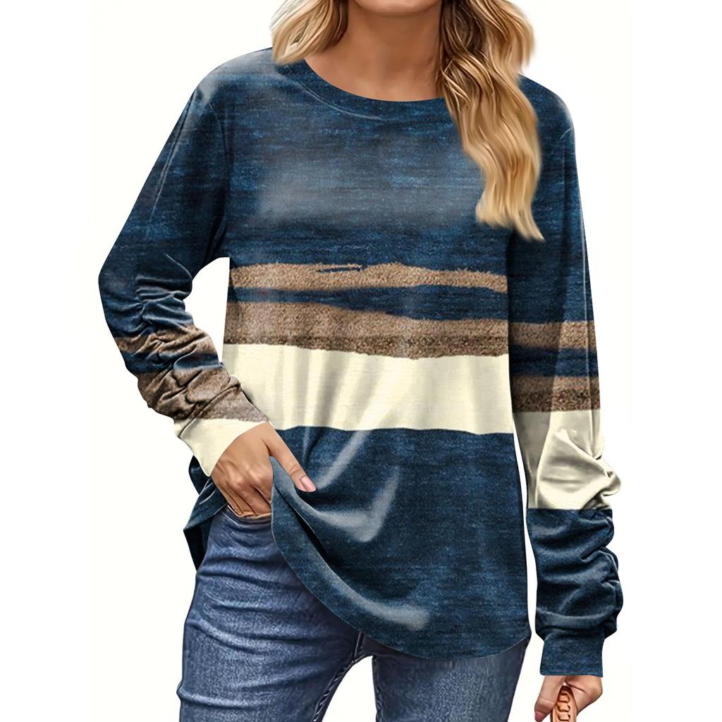Women's Fashion Casual Long Sleeve Print Round Neck Pullover Top Blouse