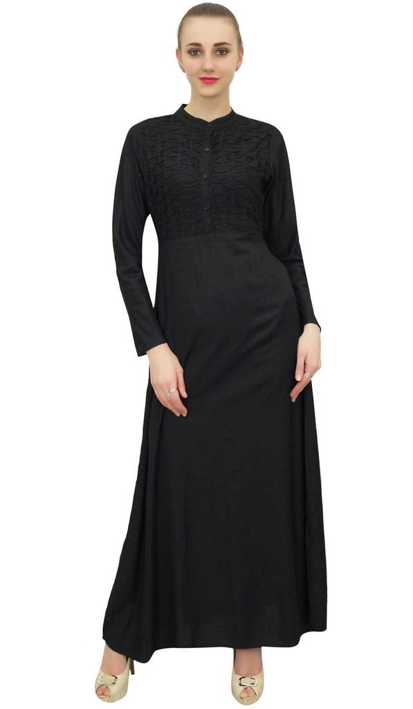Bimba Женское черное платье-джильбаб с воротником-стойкой и карманами, длинный рукав-10