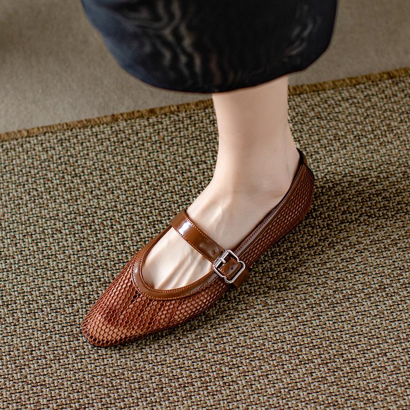 Мода Размер 33-40 2024 Повседневная Мода Женские Туфли на Плоском Каблуке Летние Офисные Вырезы Сетка Пряжка Женские Туфли Мэри Джейн из Натуральной Кожи Женские