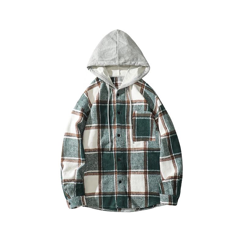 PLAYBOY Men's Brushed Plaid Hooded Long Sleeve Shirt Jacket