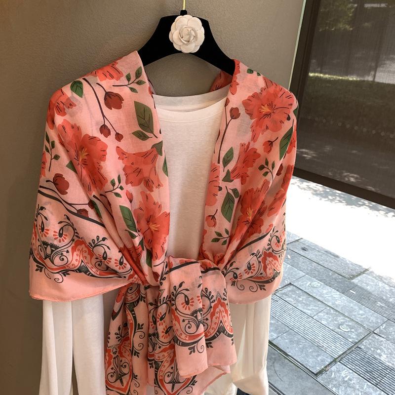 Spring And Autumn Floral Wood Bead Scarf Women'S Versatile Beach Towel Shawl Simple Fashion Cape Outer Shawl