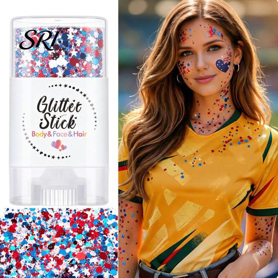 Women Makeup Stick Independence Day Body Glitter Stick, Patriotic USA Flag Face Hair Accessories, Sparkling Red White Blue for 4th of July
