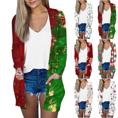 Рождественская женская модная повседневная куртка-кардиган средней длины с длинным рукавом и принтом