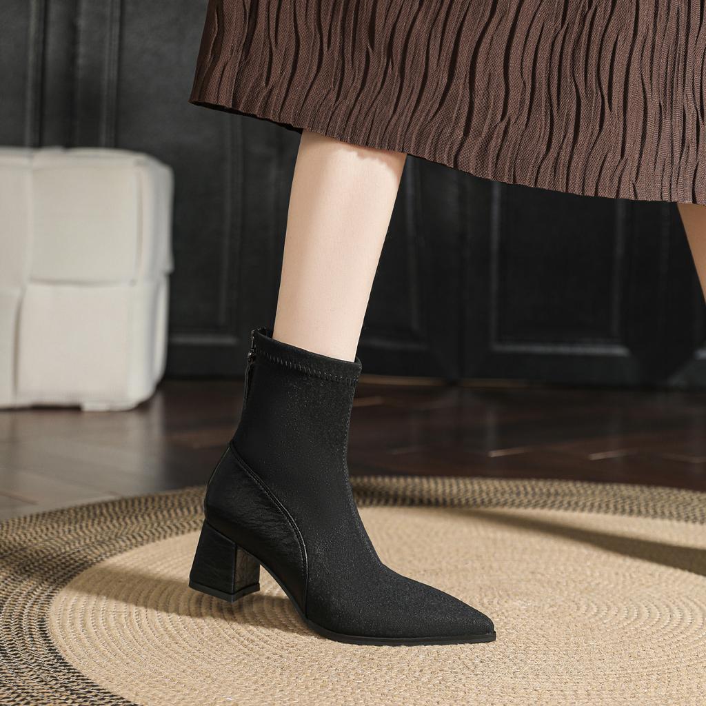 Тонкие остроносые сапоги на высоком каблуке 2024 года, новые женские сапоги на среднем каблуке, осенне-зимние сапоги средней высоты, модные сапоги на толстом каблуке, французские короткие сапоги