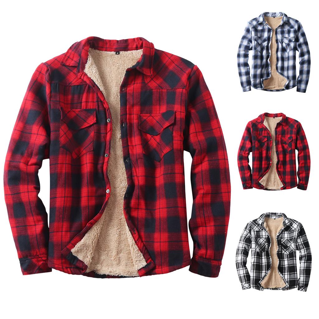 Men's Button Down Shirts Casual Sheepskin Plaid Slim Fit Long Sleeves Spread Collar Lightweight Tops Winter Shirts Tops