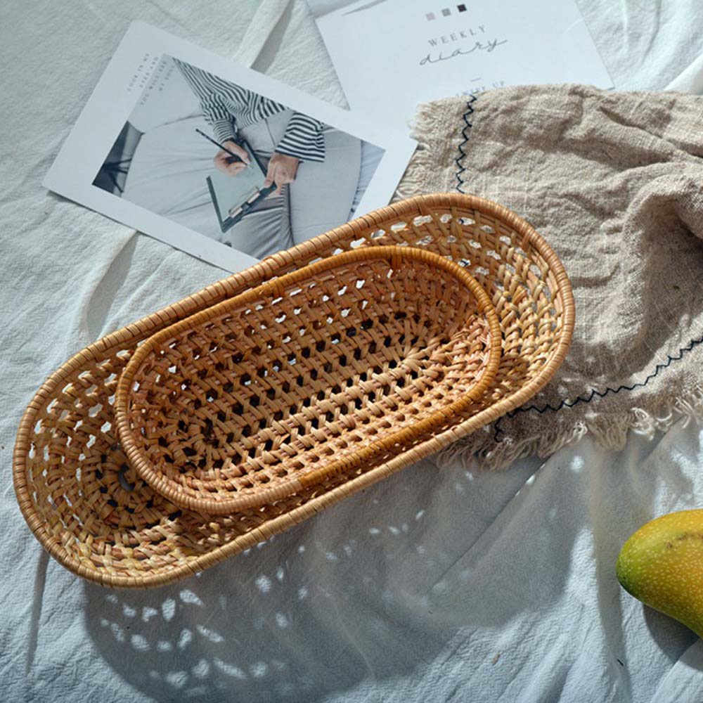 S/L Fruit Food Breakfast Hand-Woven Bread Storage Tray Rattan Tray Wicker Basket Storage Basket